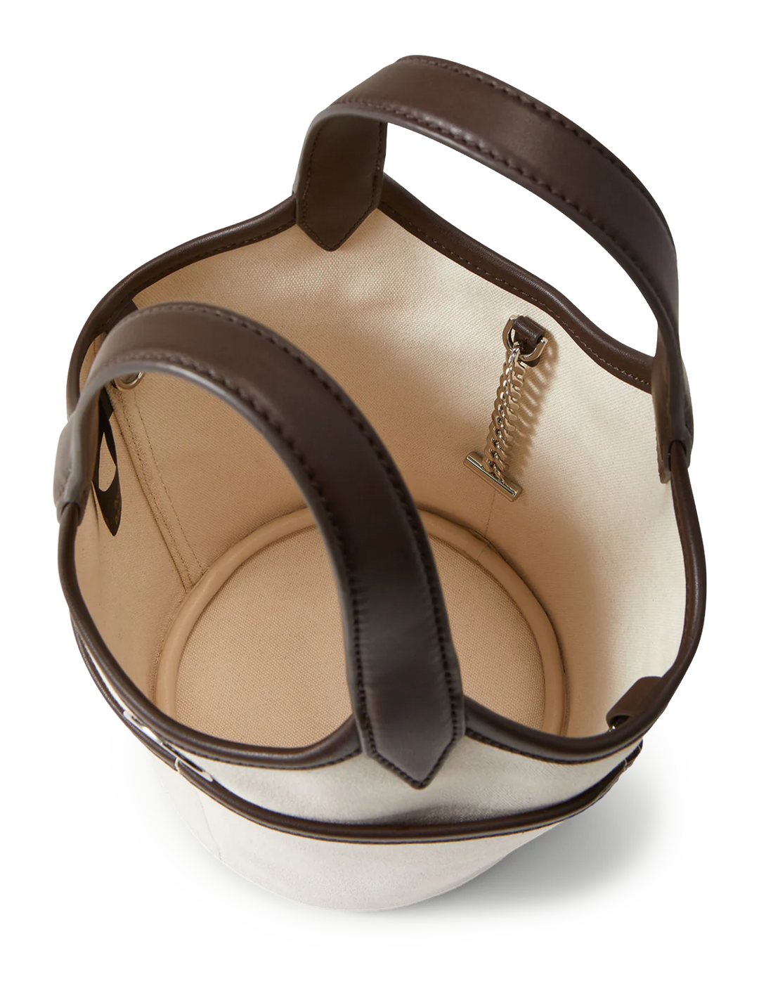 Close-up inside view of Veronica Beard's canvas anchor bag in espresso and ecru.