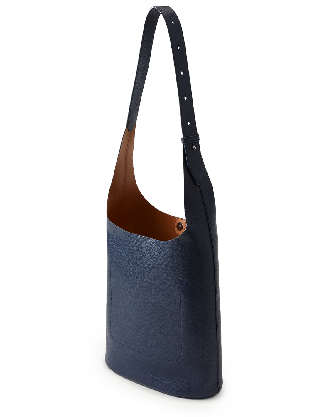 Back angle view of Veronica Beard's large loop bag in navy and hazelwood leather.