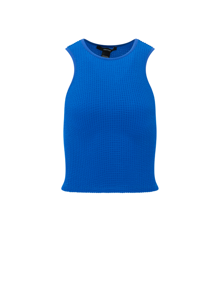 Front view of Smythe's muscle rib tank in aegean blue.