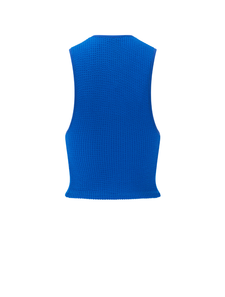 Back view of Smythe's muscle rib tank in aegean blue.