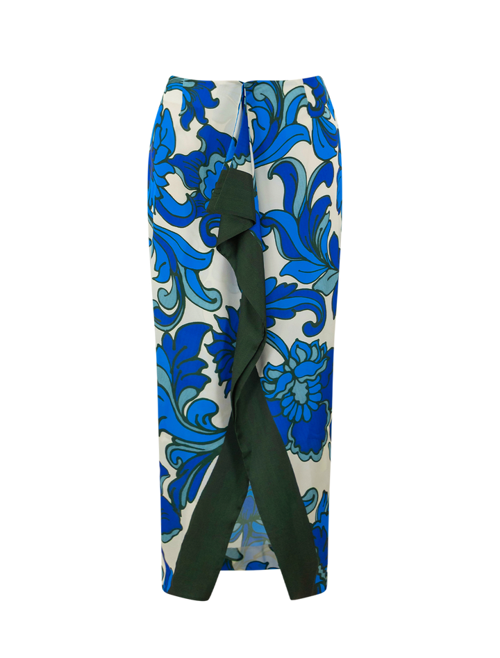 Front view of Smythe's front ruffle skirt in aegean multi print.