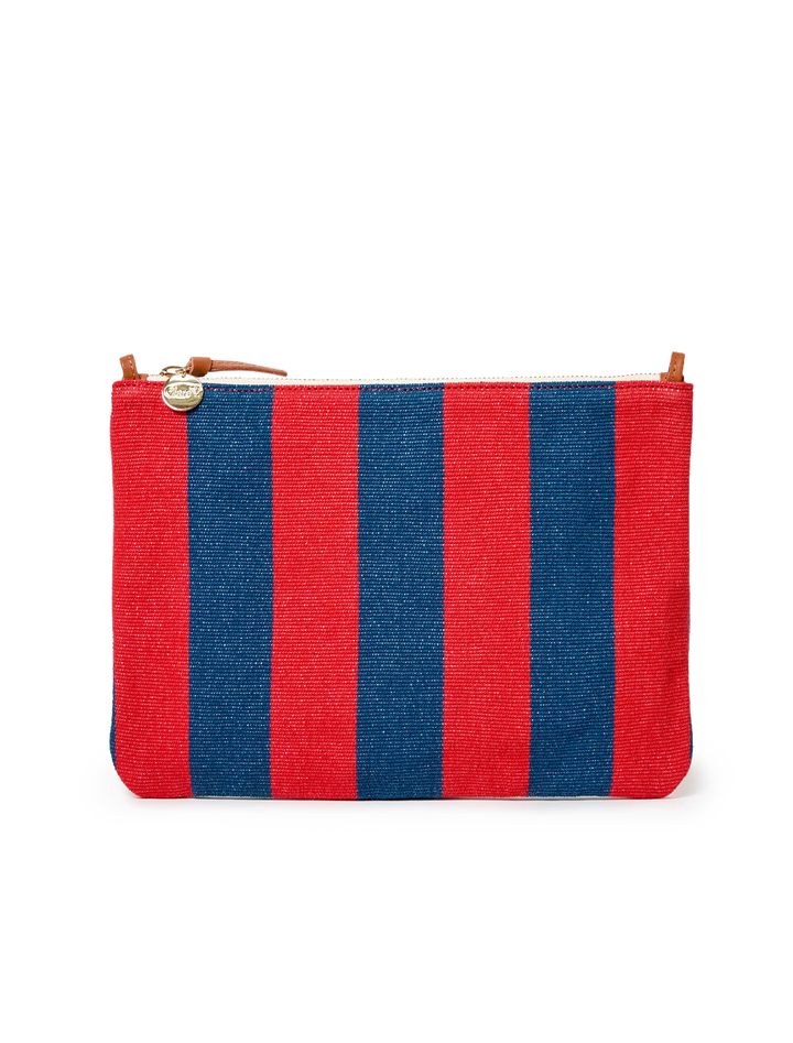 canvas flat clutch with tabs in poppy and french blue stripe