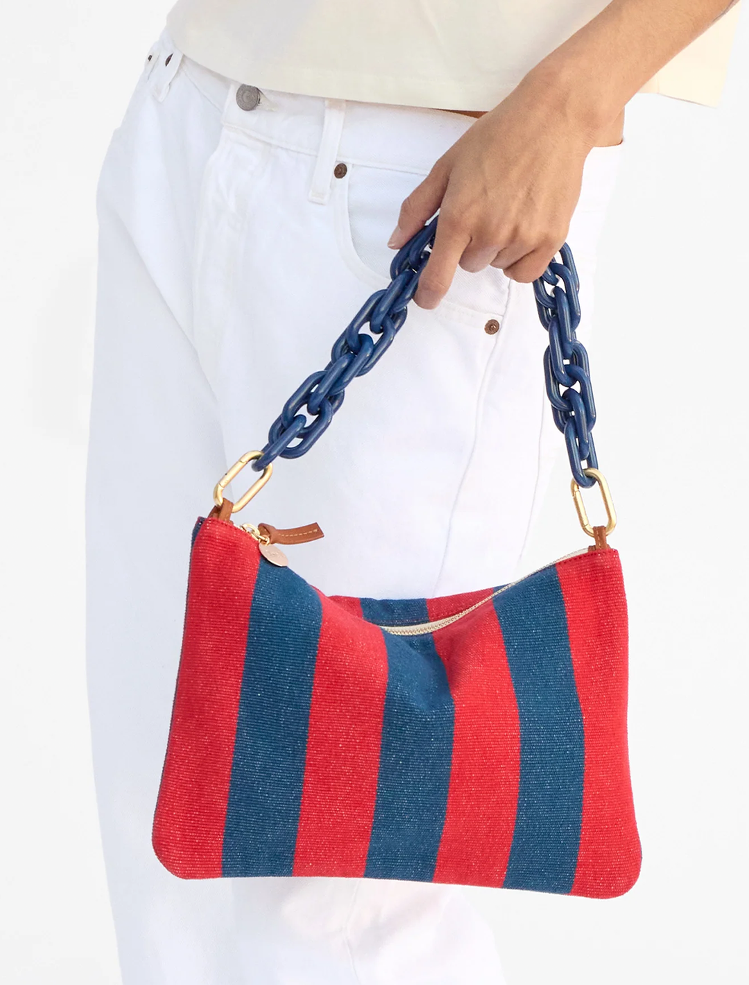canvas flat clutch with tabs in poppy and french blue stripe
