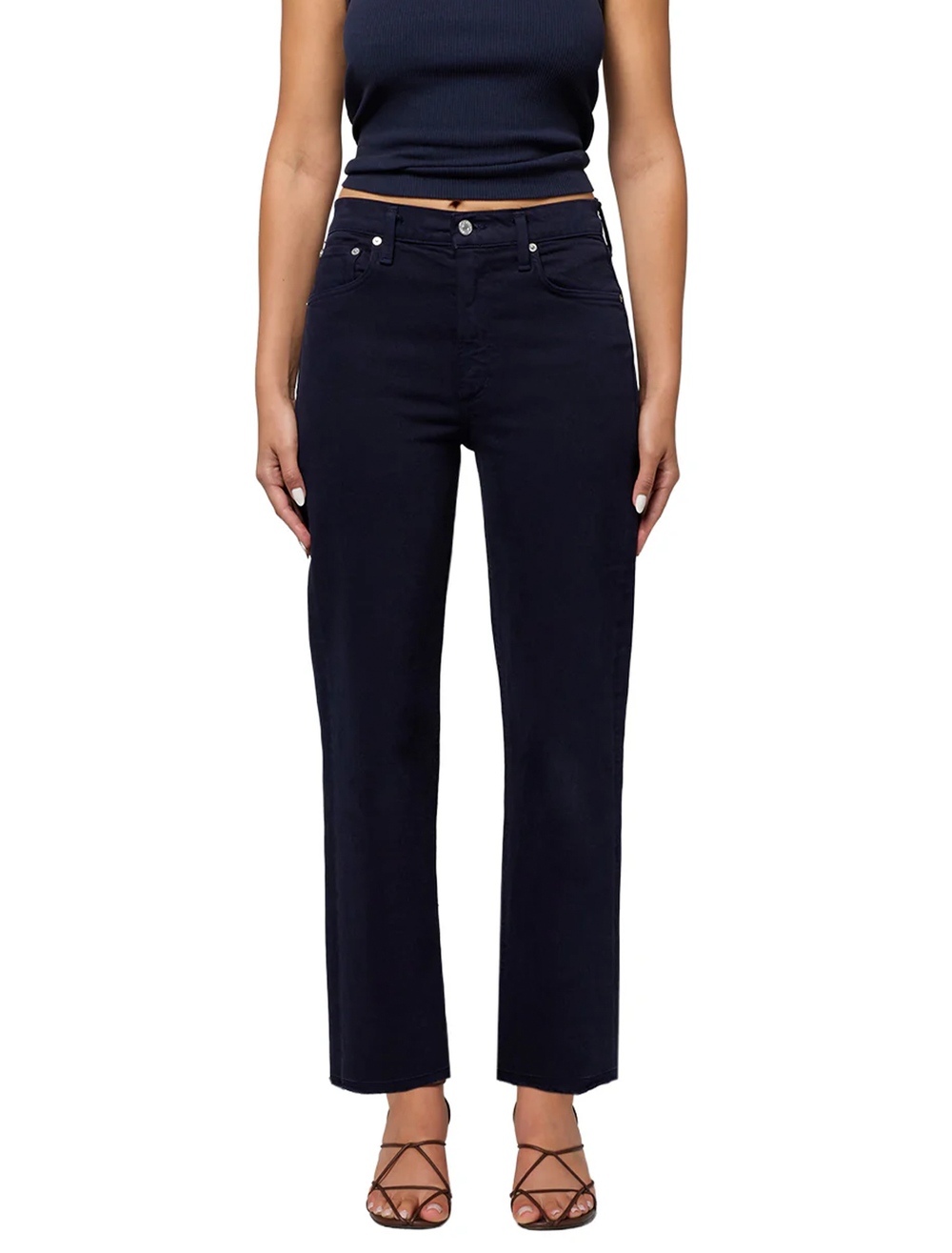 Model wearing Citizens of Humanity's palma straight jeans in navy.