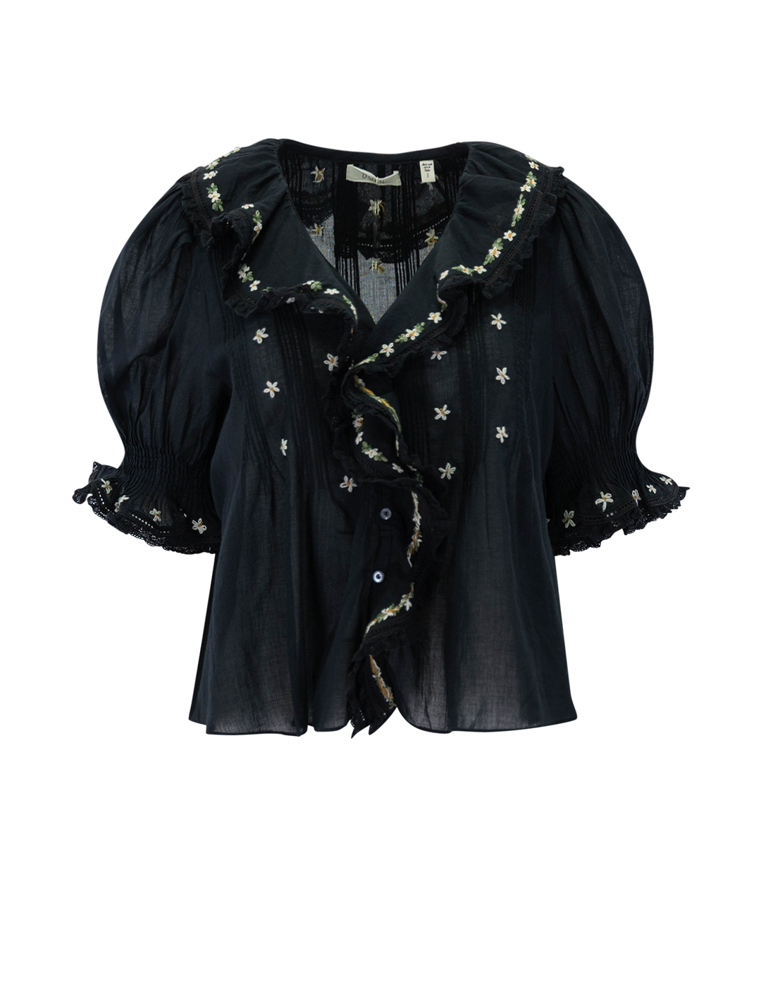 front view of hettie top in black with floral embroidery