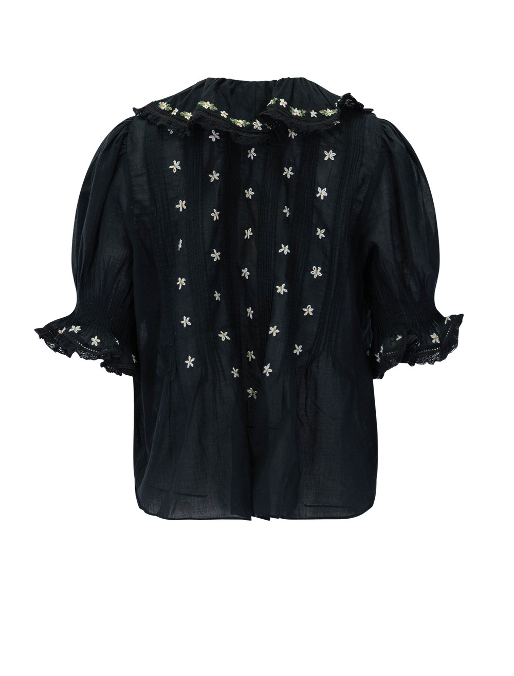 back view of hettie top in black with floral embroidery