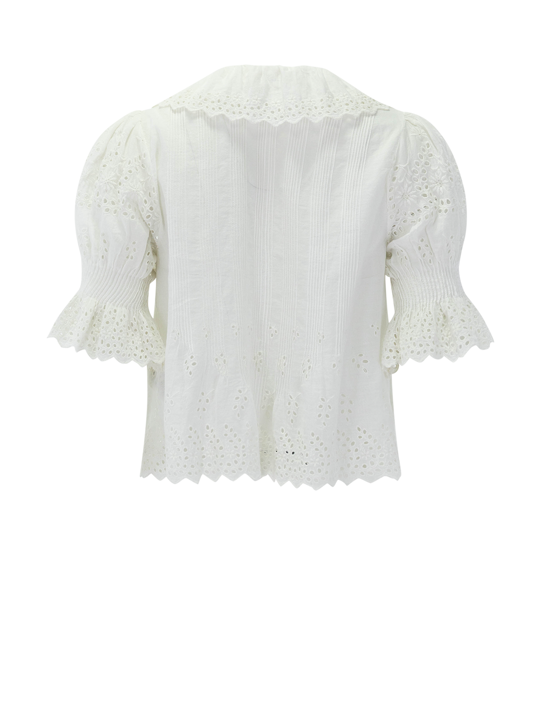 back view of henri top in salt eyelet