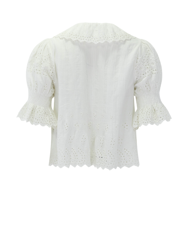 back view of henri top in salt eyelet