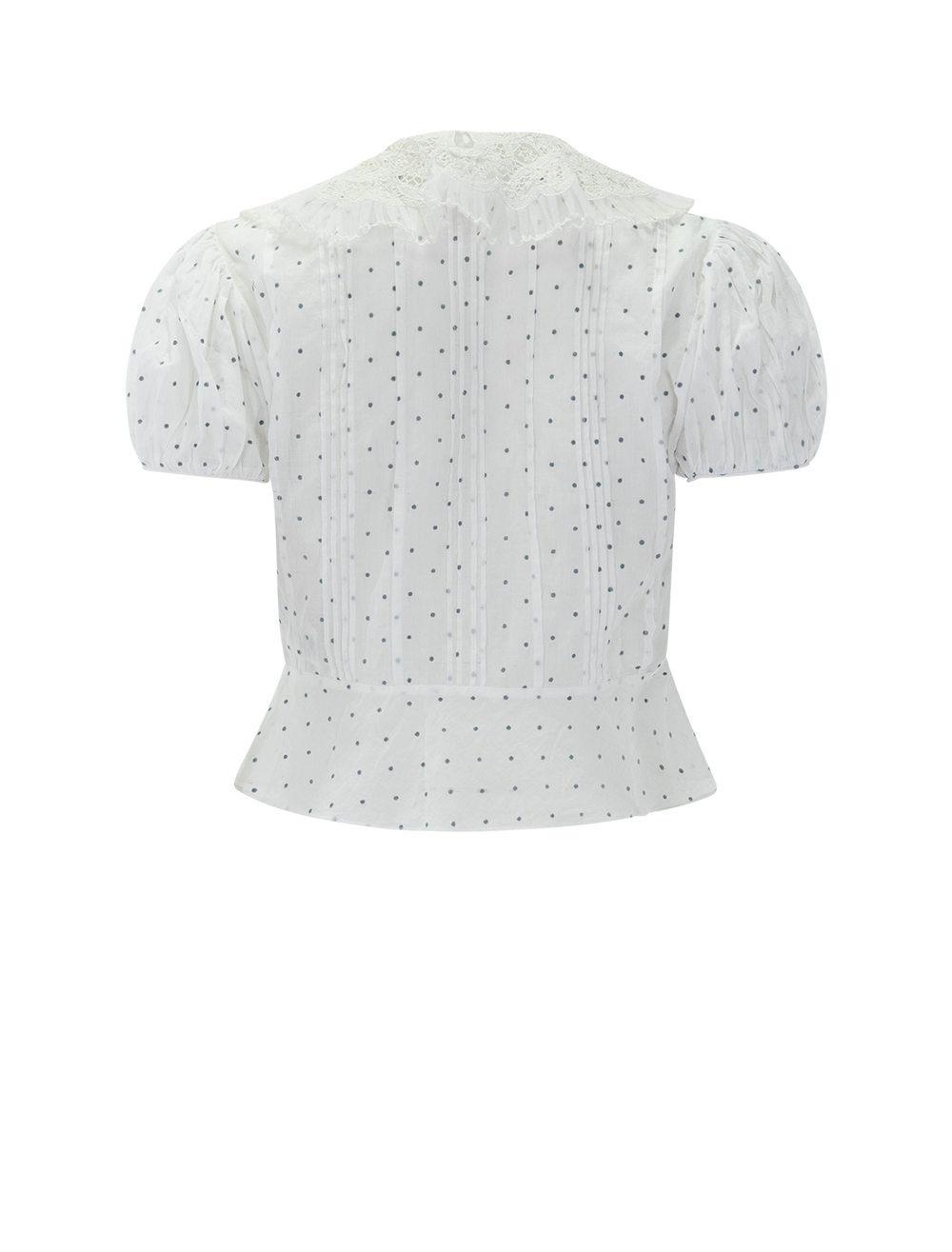 back view of oleta top in flock polkadot