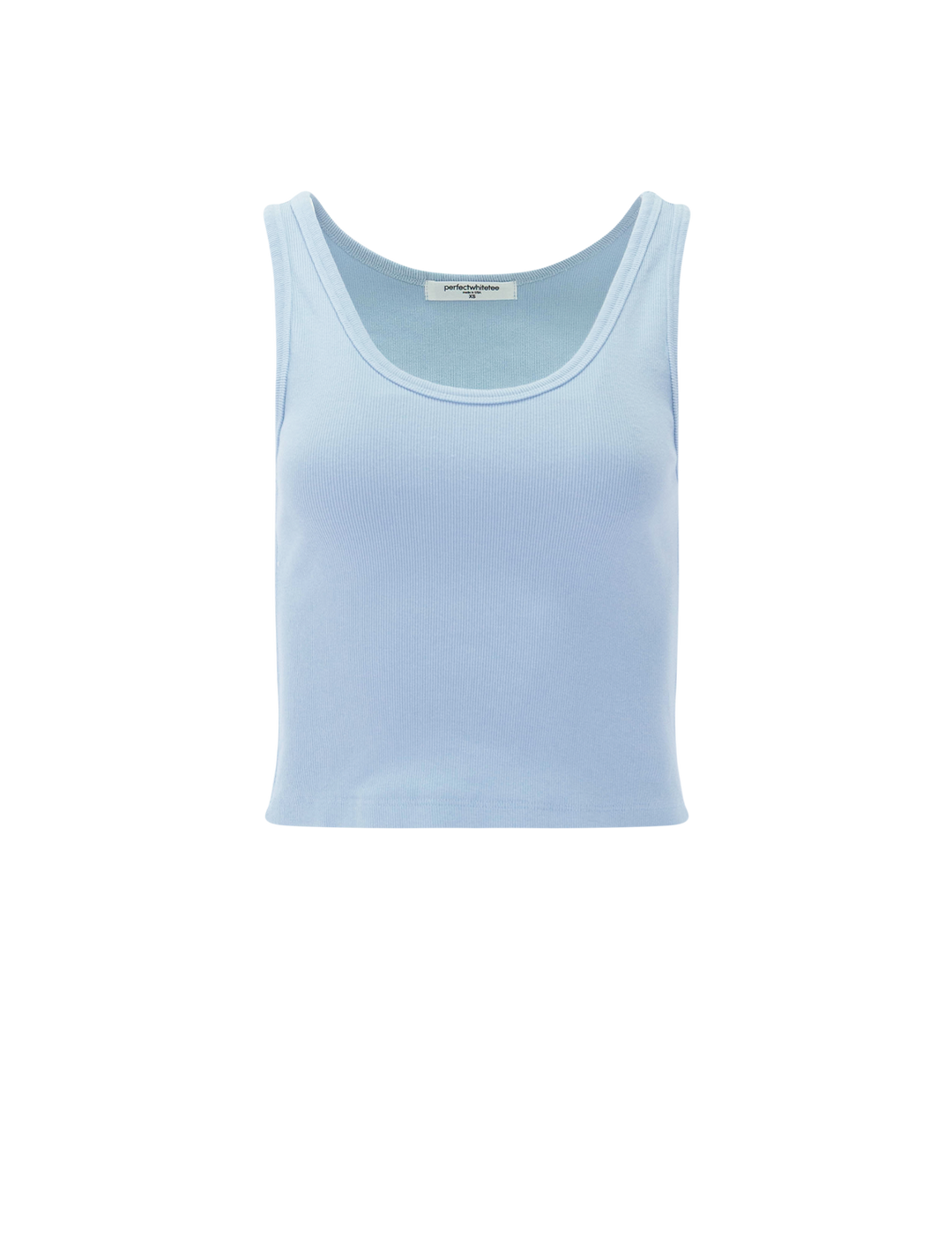 Front view of Perfectwhitetee's blondie tank in powder blue.