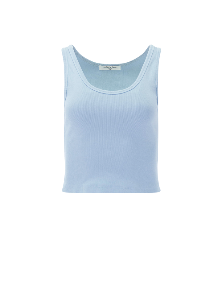 Front view of Perfectwhitetee's blondie tank in powder blue.
