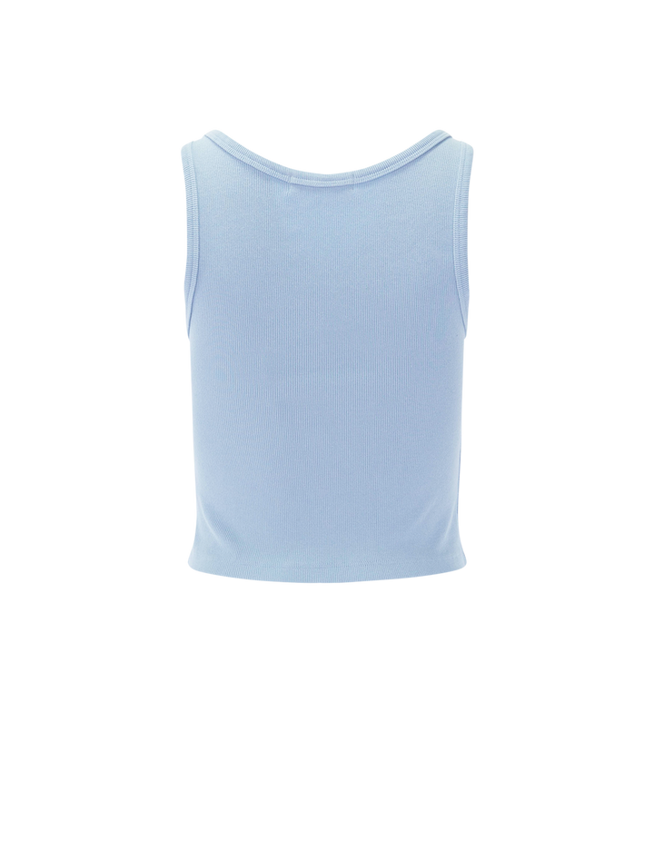 Back view of Perfectwhitetee's blondie tank in powder blue.