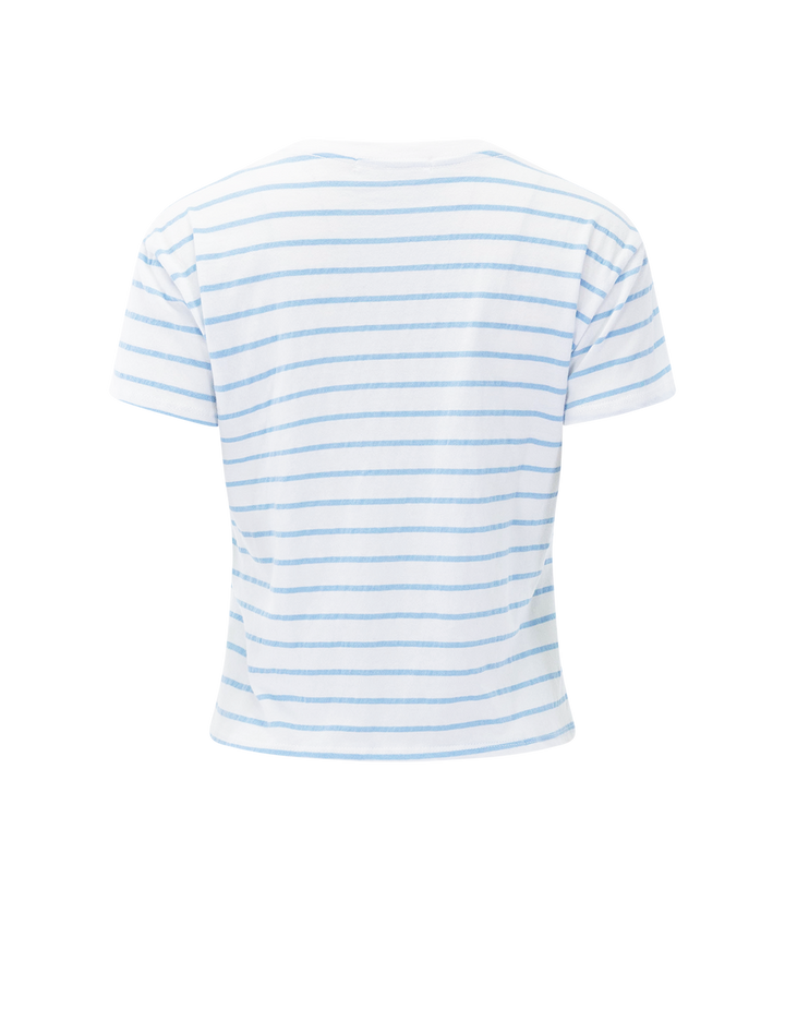 Back view of Perfectwhitetee's everett tee in powder blue stripe.
