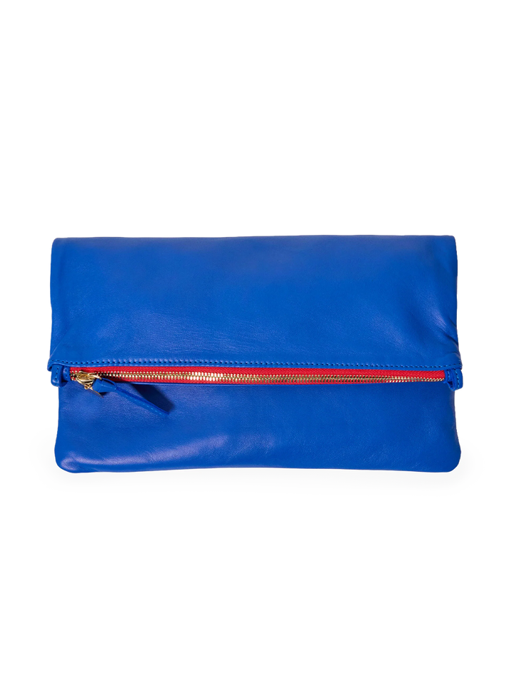 foldover clutch with tabs in electric blue
