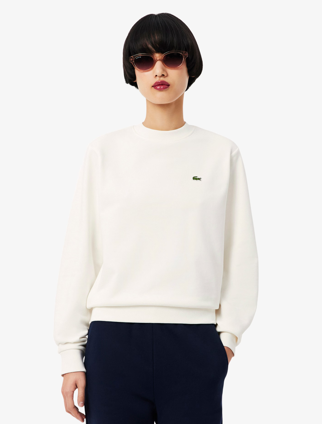 model wearing pique double face sweater in flour