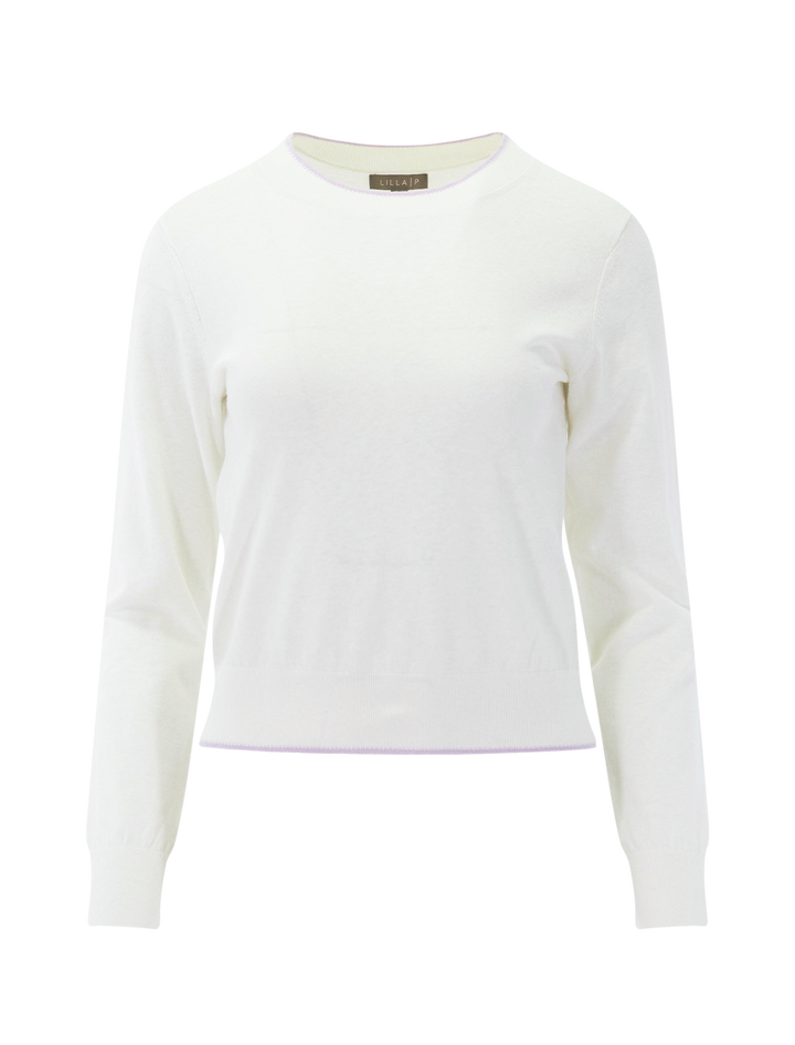 picot edge crewneck sweater in white linen