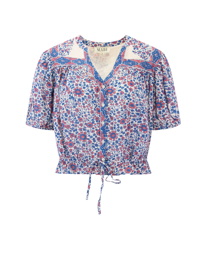 della print short sleeve top in blue and pink floral