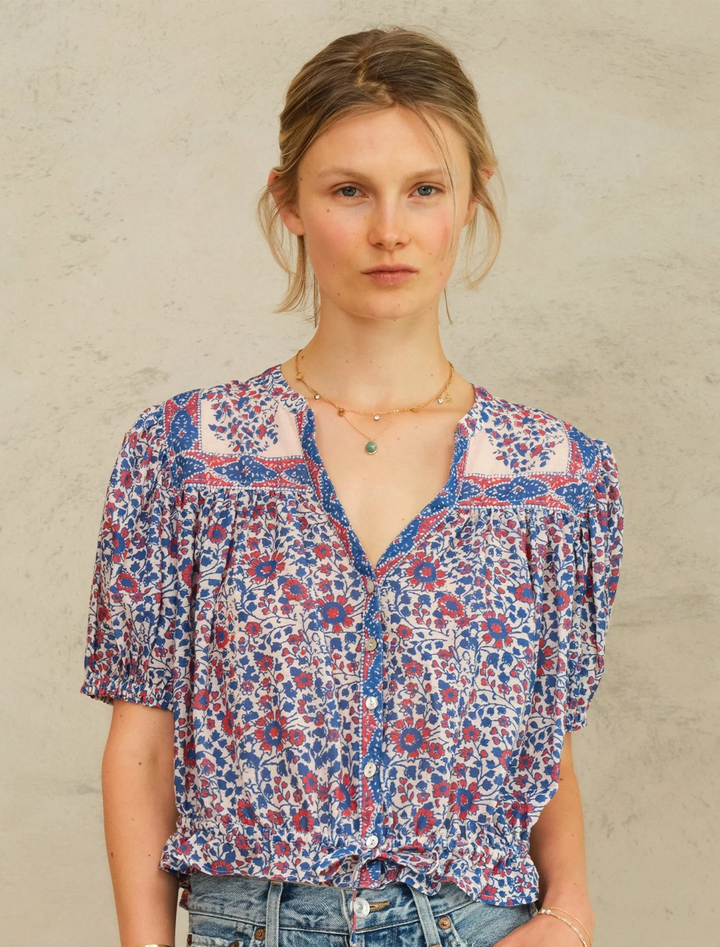 della print short sleeve top in blue and pink floral