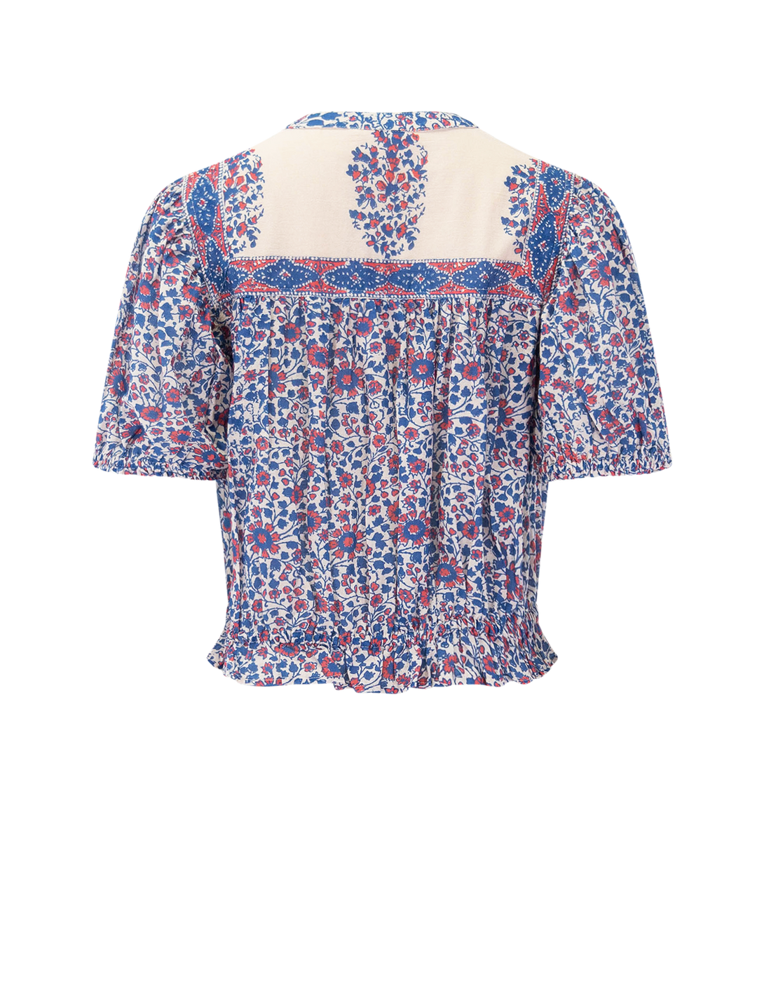 della print short sleeve top in blue and pink floral