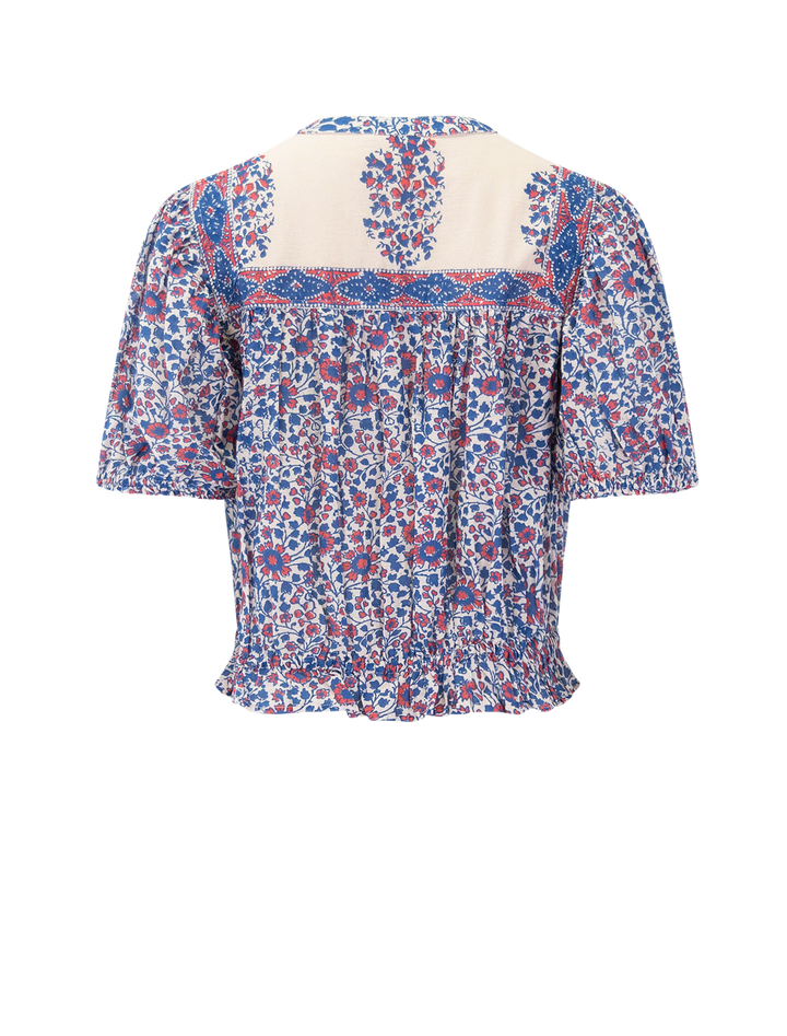 della print short sleeve top in blue and pink floral