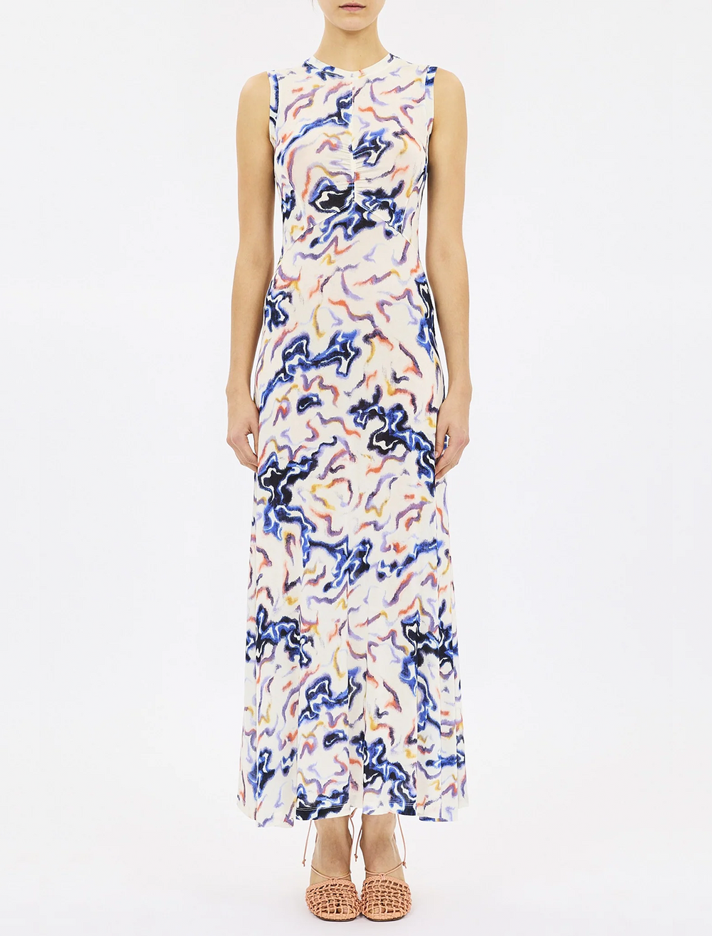 Model wearing Ulla Johnson's lina jersey dress in prism.