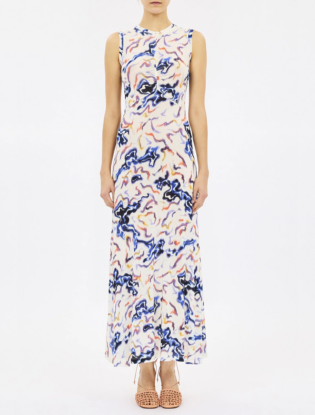 Model wearing Ulla Johnson's lina jersey dress in prism.