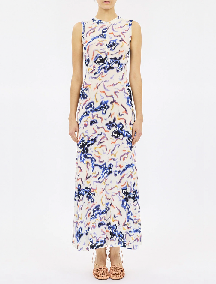 Model wearing Ulla Johnson's lina jersey dress in prism.