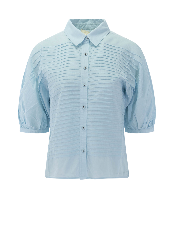 front view of cordelia button up top in adriatic