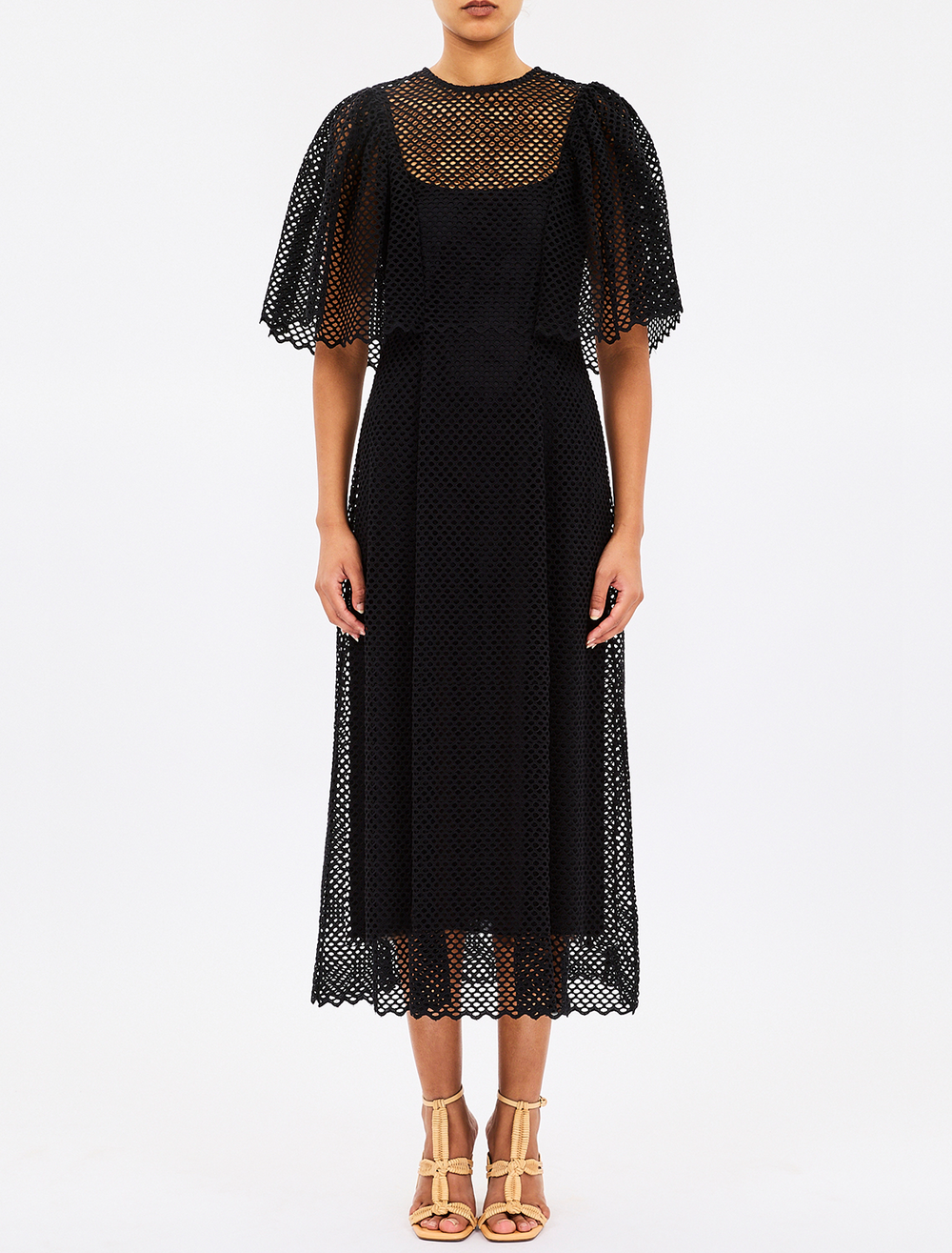 Model wearing Ulla Johnson's gracelle eyelet dress in noir.