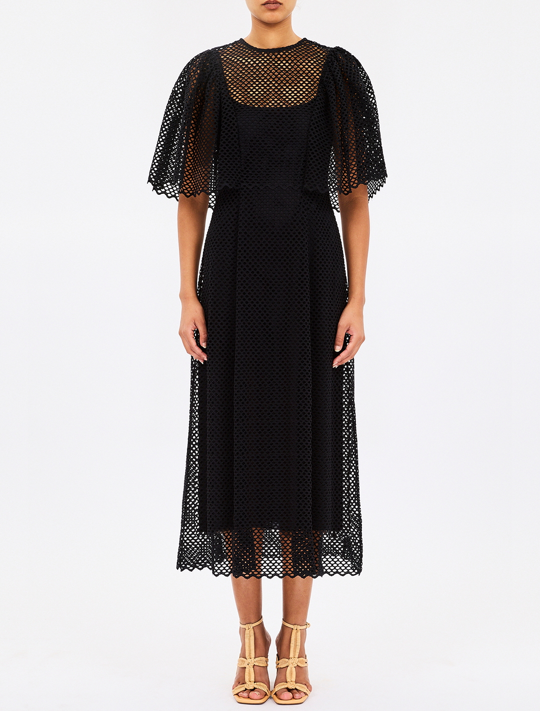 Model wearing Ulla Johnson's gracelle eyelet dress in noir.