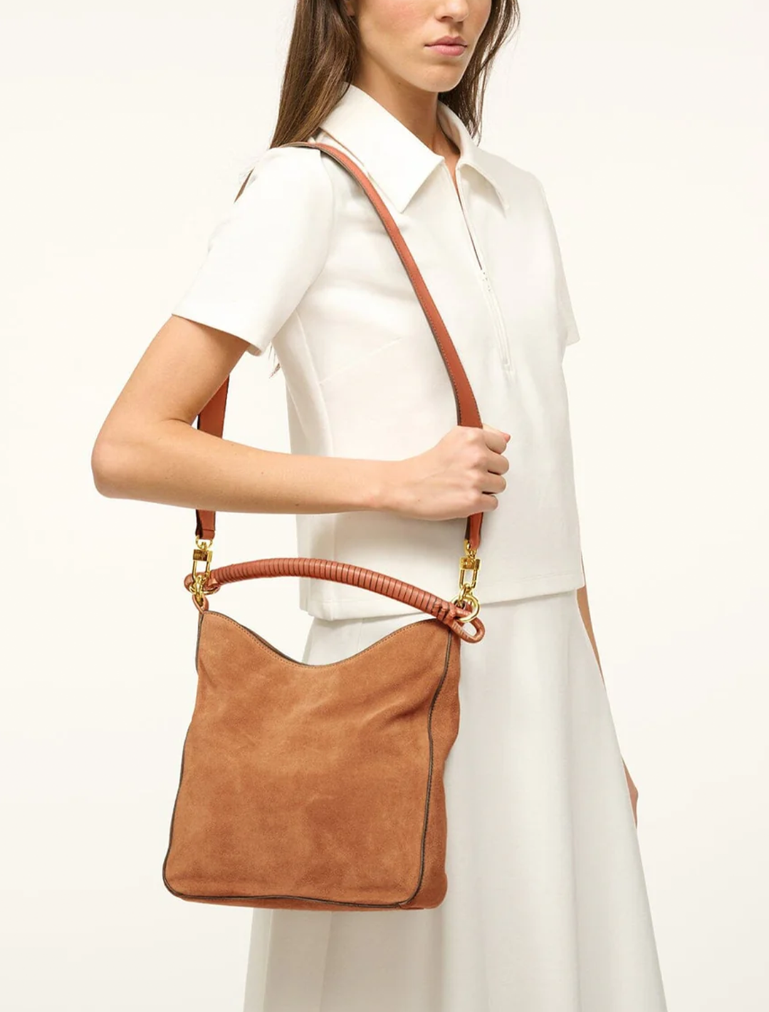 mel shoulder bag in tan suede