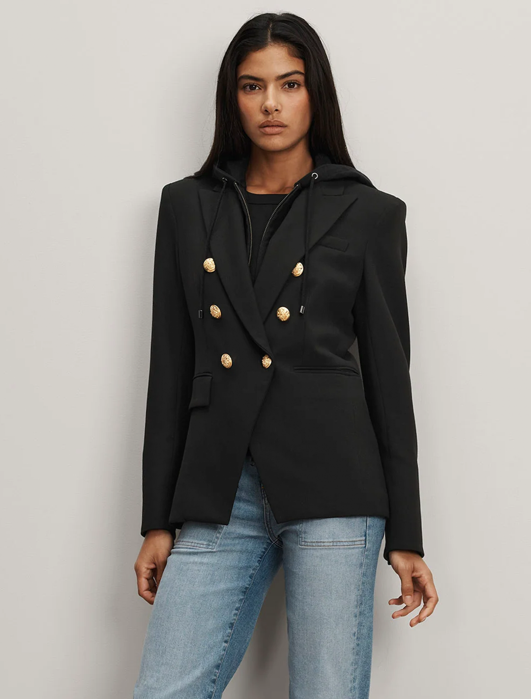 miller dickey jacket in black with gold buttons