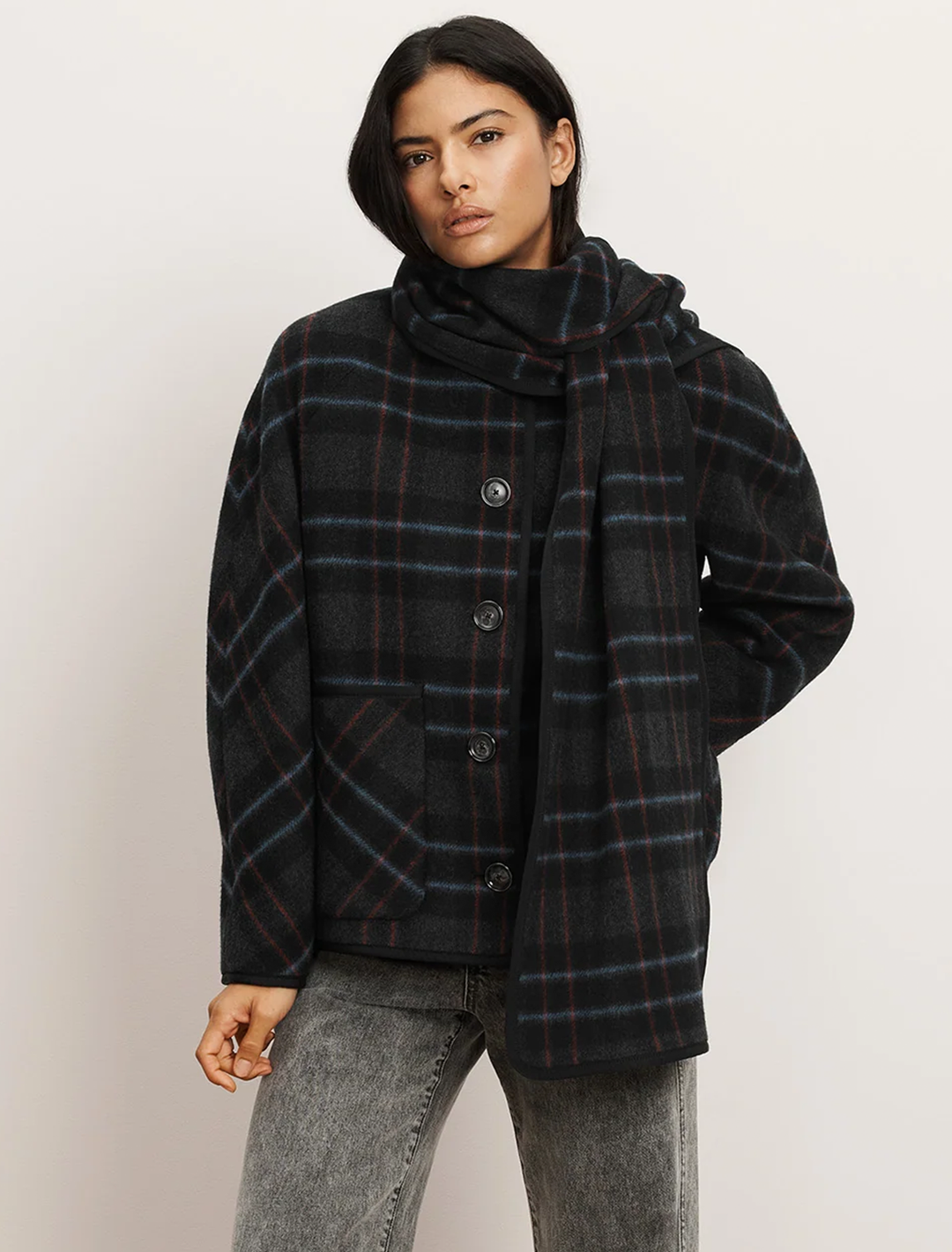 martine dickey scarf coat in black plaid