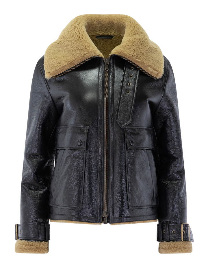 danika shearling jacket in shiny black
