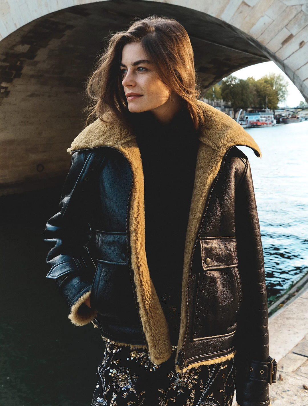 danika shearling jacket in shiny black