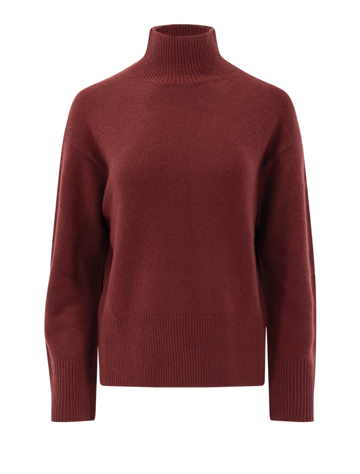 wool-cashmere side slit turtleneck sweater in bordeaux
