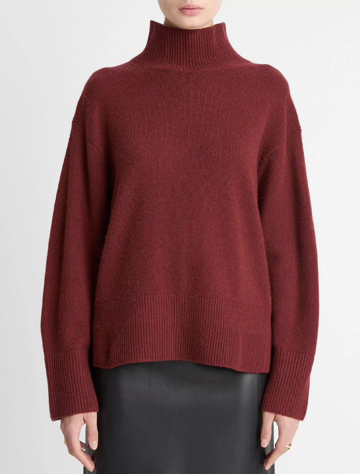 wool-cashmere side slit turtleneck sweater in bordeaux