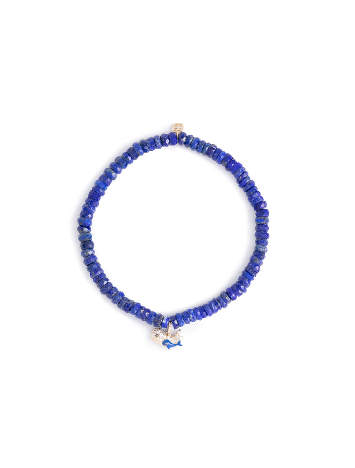 gold and diamond whale family on lapis beaded bracelet