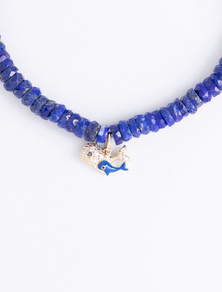 gold and diamond whale family on lapis beaded bracelet