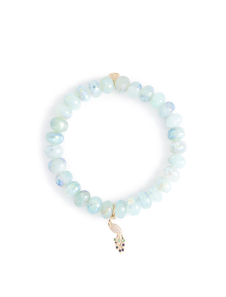 diamond and gold peacock on aquamarine beaded bracelet