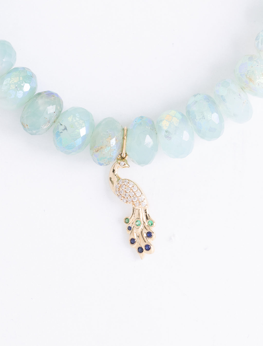 diamond and gold peacock on aquamarine beaded bracelet