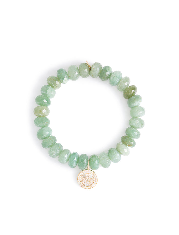 diamond and gold happy face on 10mm green silverite beaded bracelet