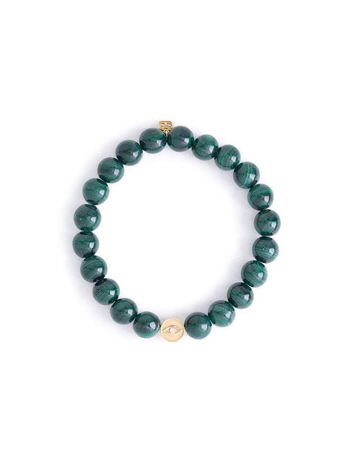 diamond and gold luck and protection bead on malachite beaded bracelet