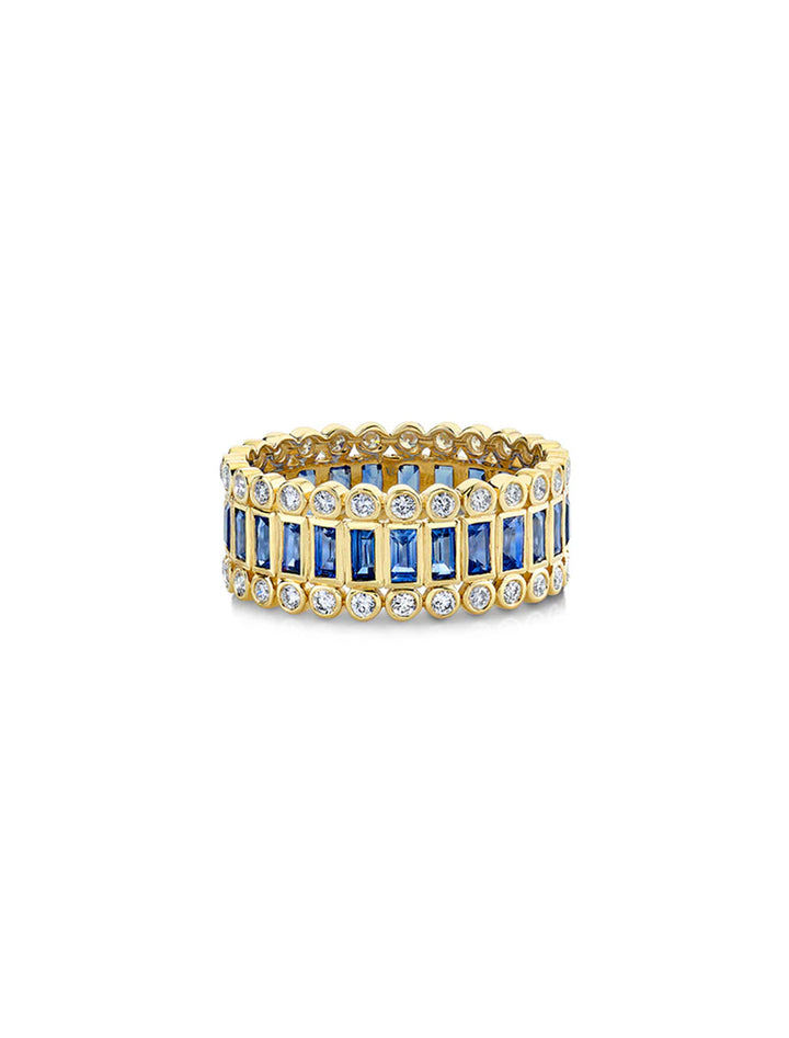 gold baguette and round bezel stacked eternity ring