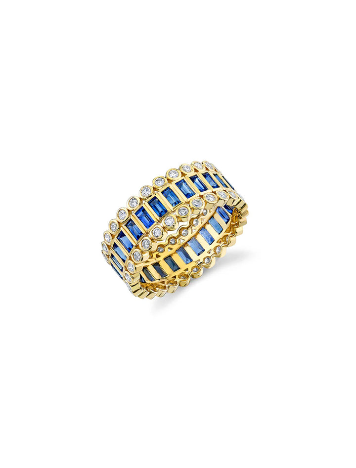 gold baguette and round bezel stacked eternity ring