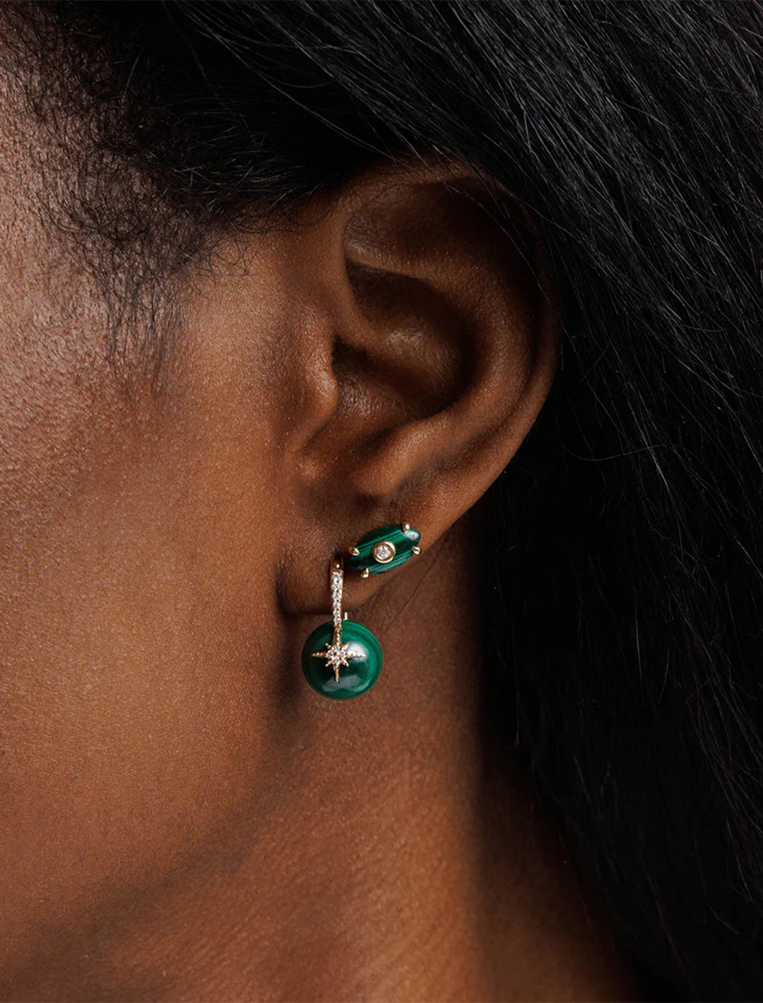 gold and diamond starburst malachite earrings