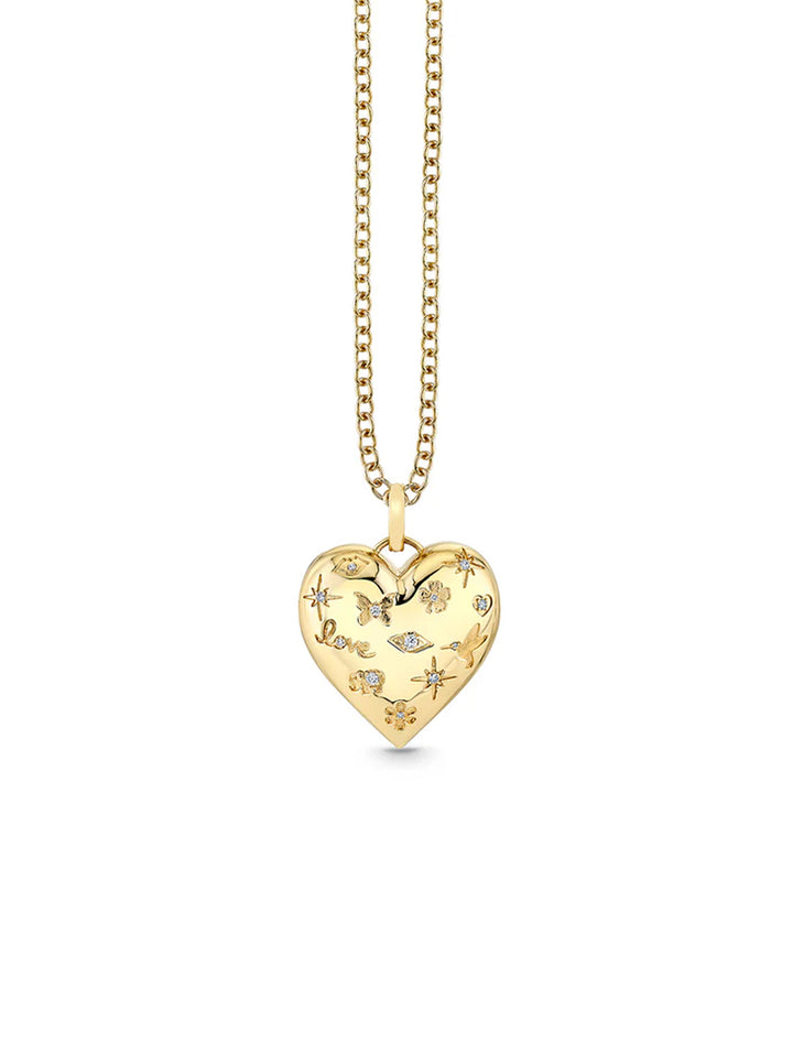 gold and diamond puffy icon heart charm necklace