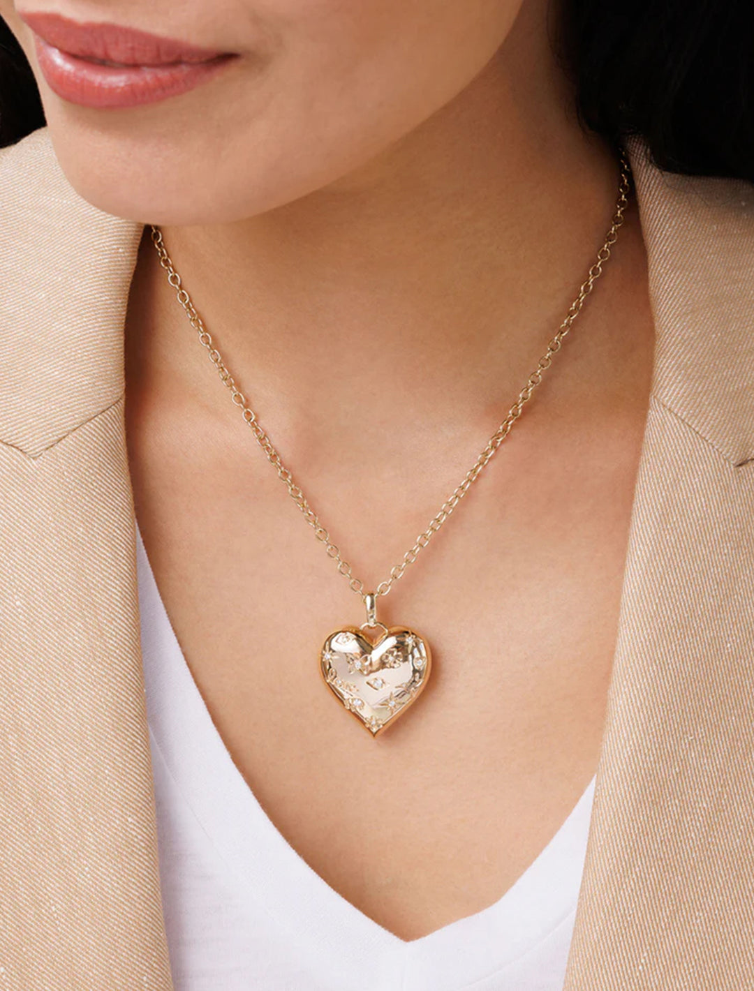 gold and diamond puffy icon heart charm necklace