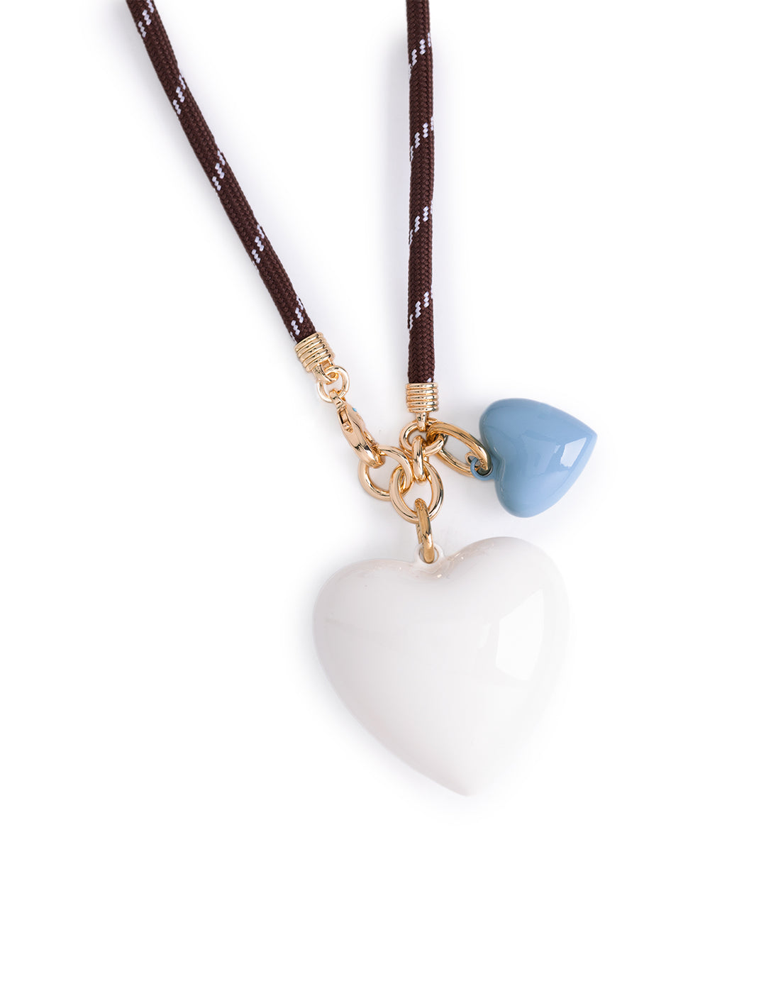 brown long cord necklace with large cream and small cloud hearts