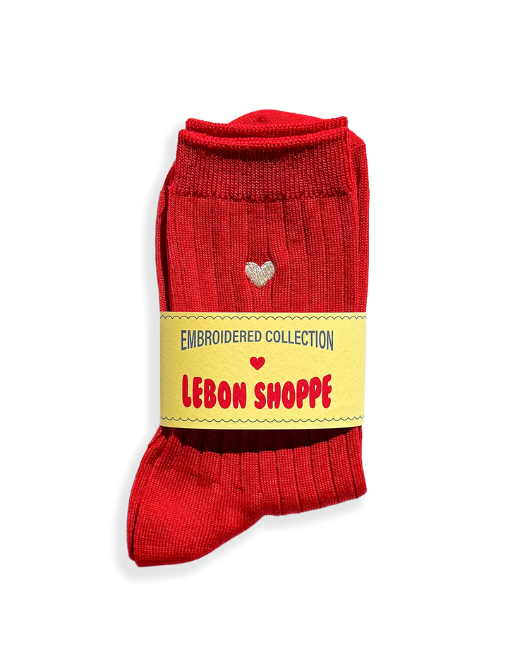 her socks in classic red with embroidered heart